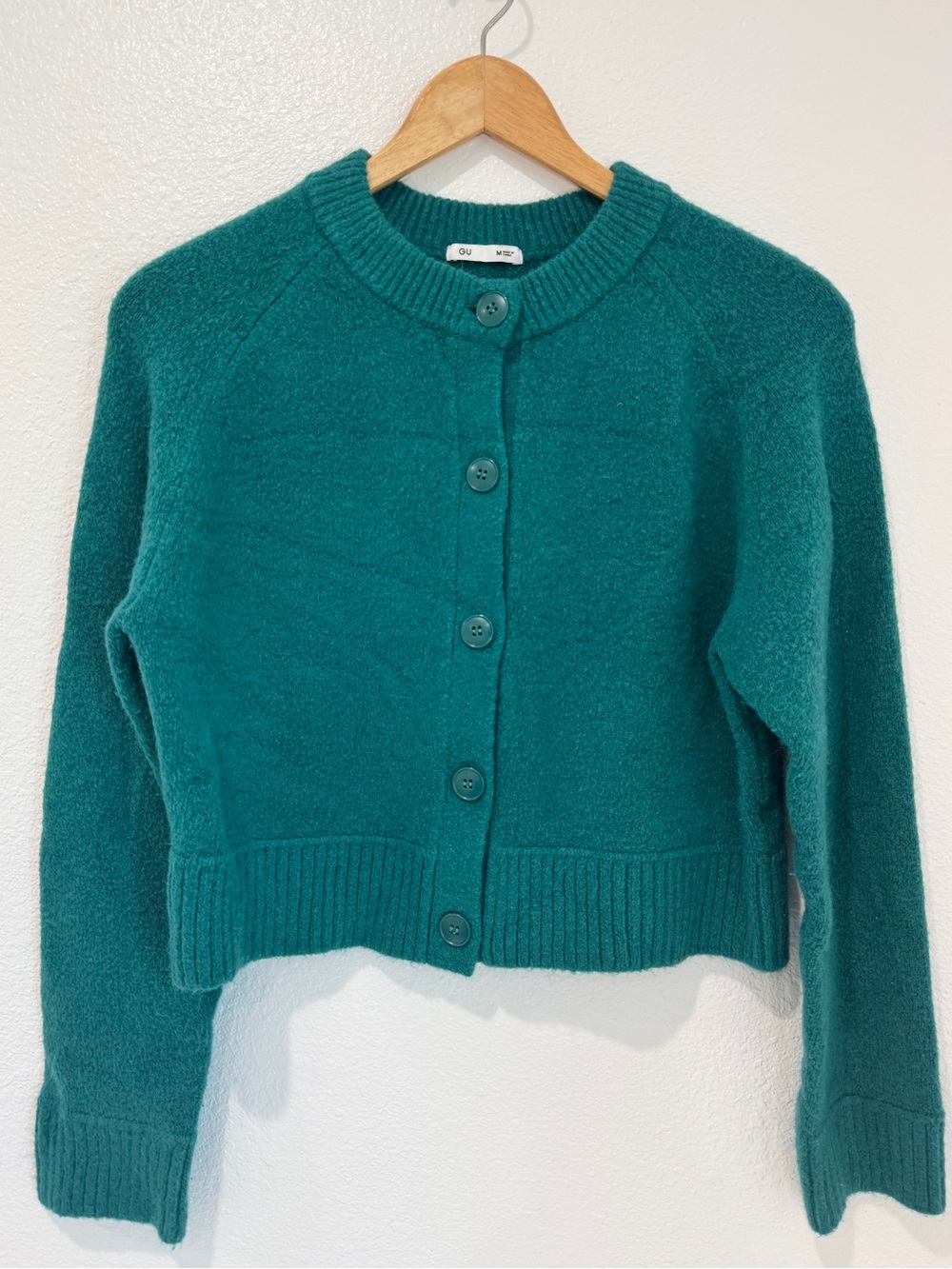 Teal Green Soft Knit Cropped Cardigan Crew Neck Sweater Cozy Core Preppy Hygge M